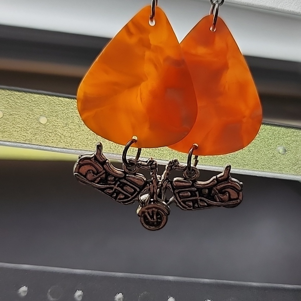 Handmade Orange Dangle Earrings with Black Accents - Picture 2 of 6